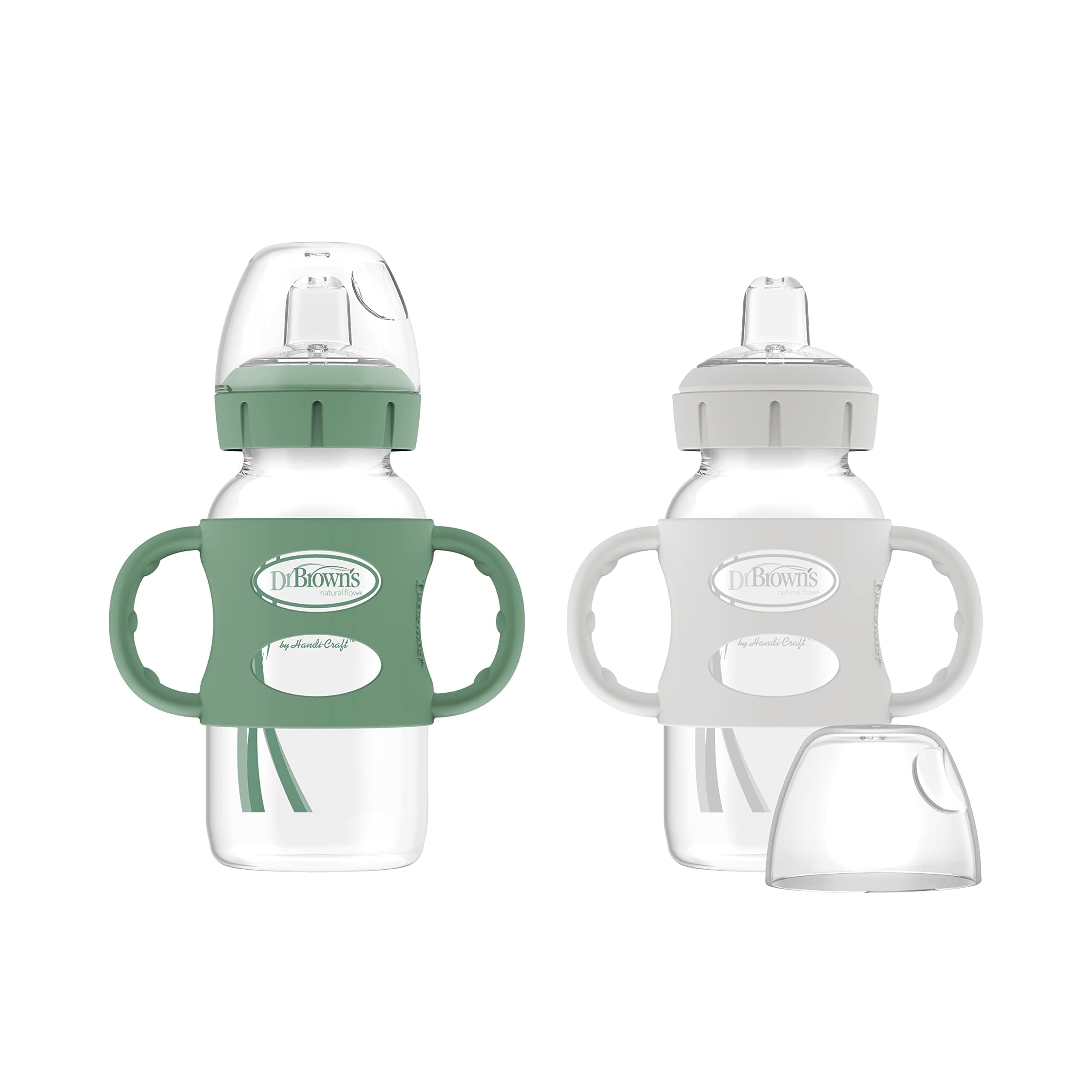 Dr. Brown’s Milestones Wide-Neck Transitional Sippy Bottle with Silicone Handles 9oz 270mL 6m+ Green and Gray 2-Pack