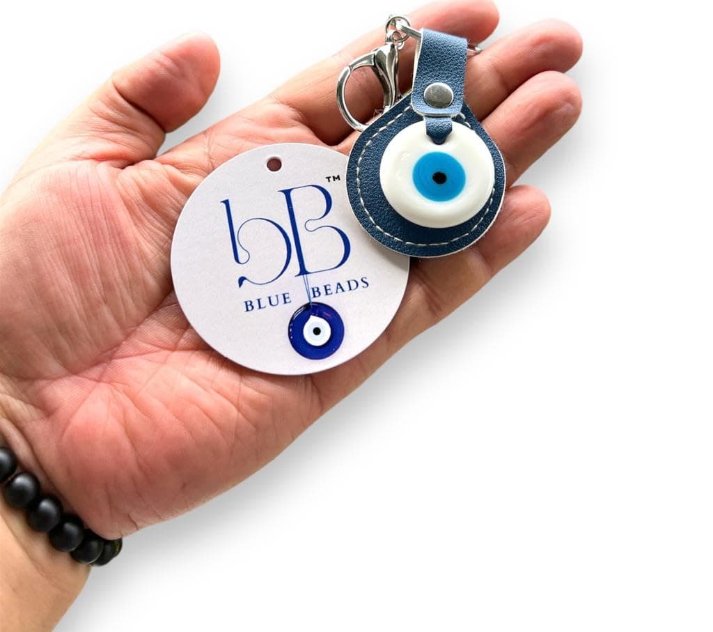 BLUE BEADS Original Blue and White Evil Eye Stone With Leather Keychain For Bike/Car Gifting With Key Ring (Pack of 1)
