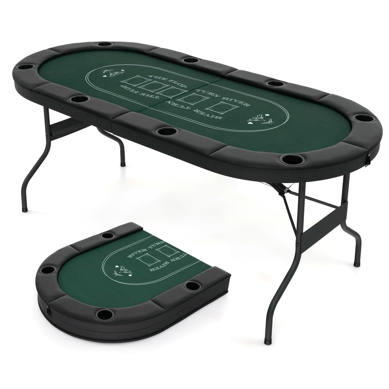 Giantex 8 Player Poker Table Foldable, 72" Portable Folding Texas Holdem Poker Tables w/Padded Rails, Cup Holders, Casino Grade Felt Surface, Oval Card Game Poker Table for Game Room (Black+Green)
