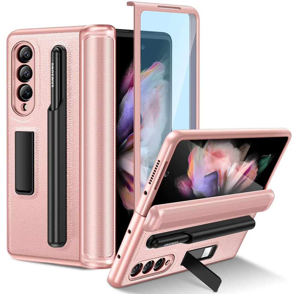 VEGO Case for Samsung Galaxy Z Fold 3 Case, Hinge Protection Case with [Removable S Pen Holder & Front Screen Protector], Leather Magnetic Kickstand Cover Case for Galaxy Z Fold 3 5G - Rose Pink