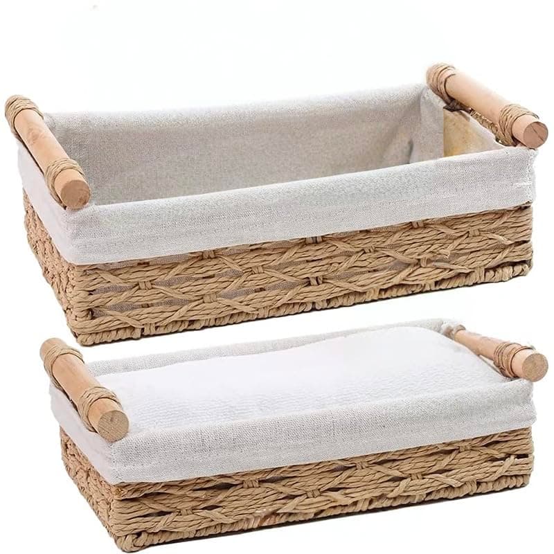 Westhood 2-Pack Rectangle Woven Home Storage Baskets with Washable Liner, Paper Rope Storage Baskets Straw Rattan Basket for Organizing with Handle, Cosmetic Storage Box (Rectangle)