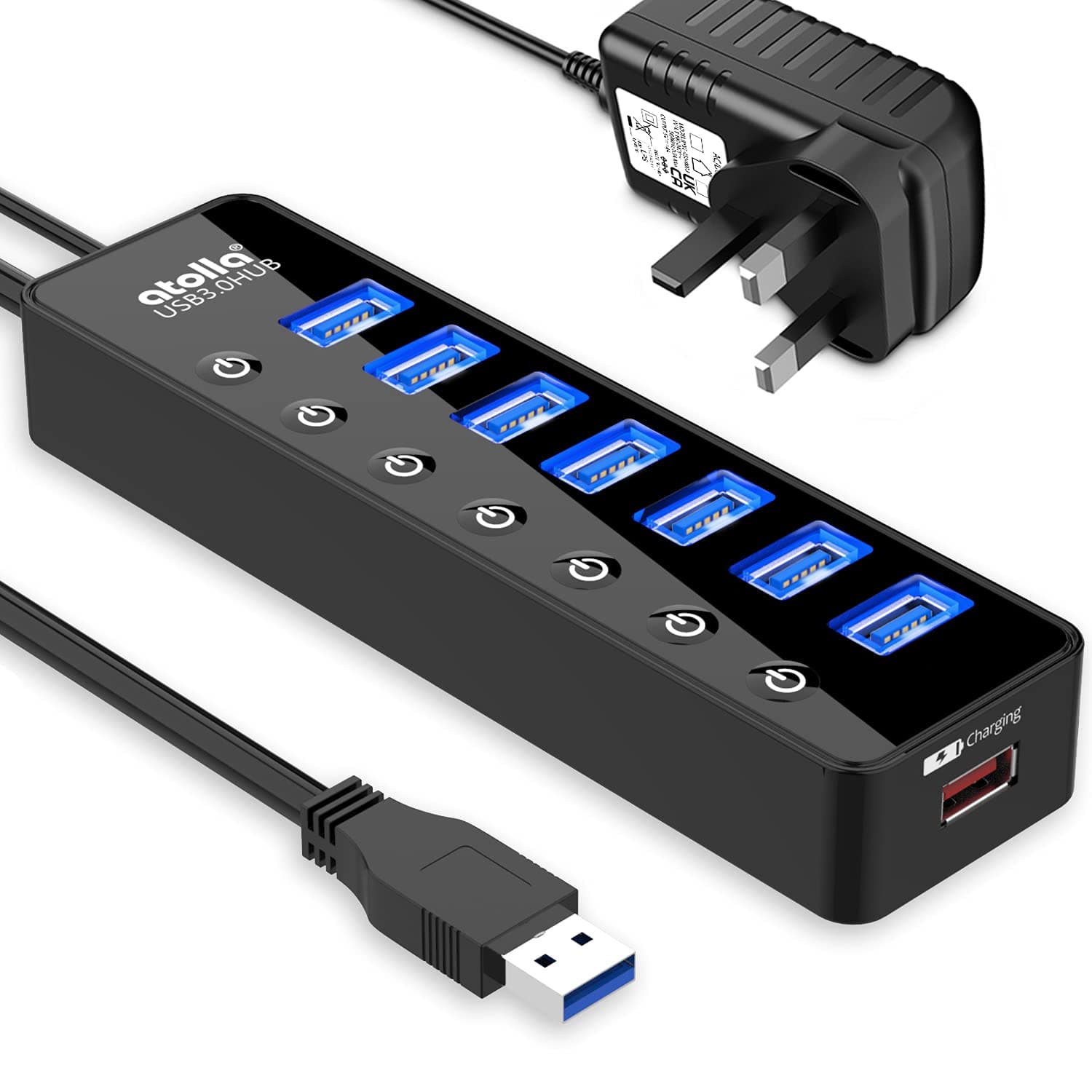Powered USB 3.0 Hub 20W, 7 Multi USB Data Ports Hub splitter with Individual On/Off Switches+1 Smart Charging port with 5V/4A Power Adapter USB3 Extension for MacBook, Mac Pro and More.