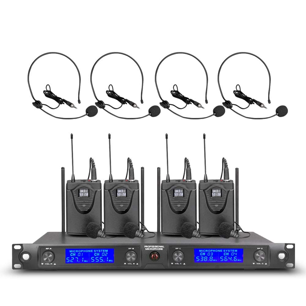 Wireless Microphone System 4 Channel 4 Headset& Lavalier Lapel Mic 4 Bodypacks Whole Metal Dynamic Mics with New FCC Frequency for Conference Speech Karaoke Party Wedding Church