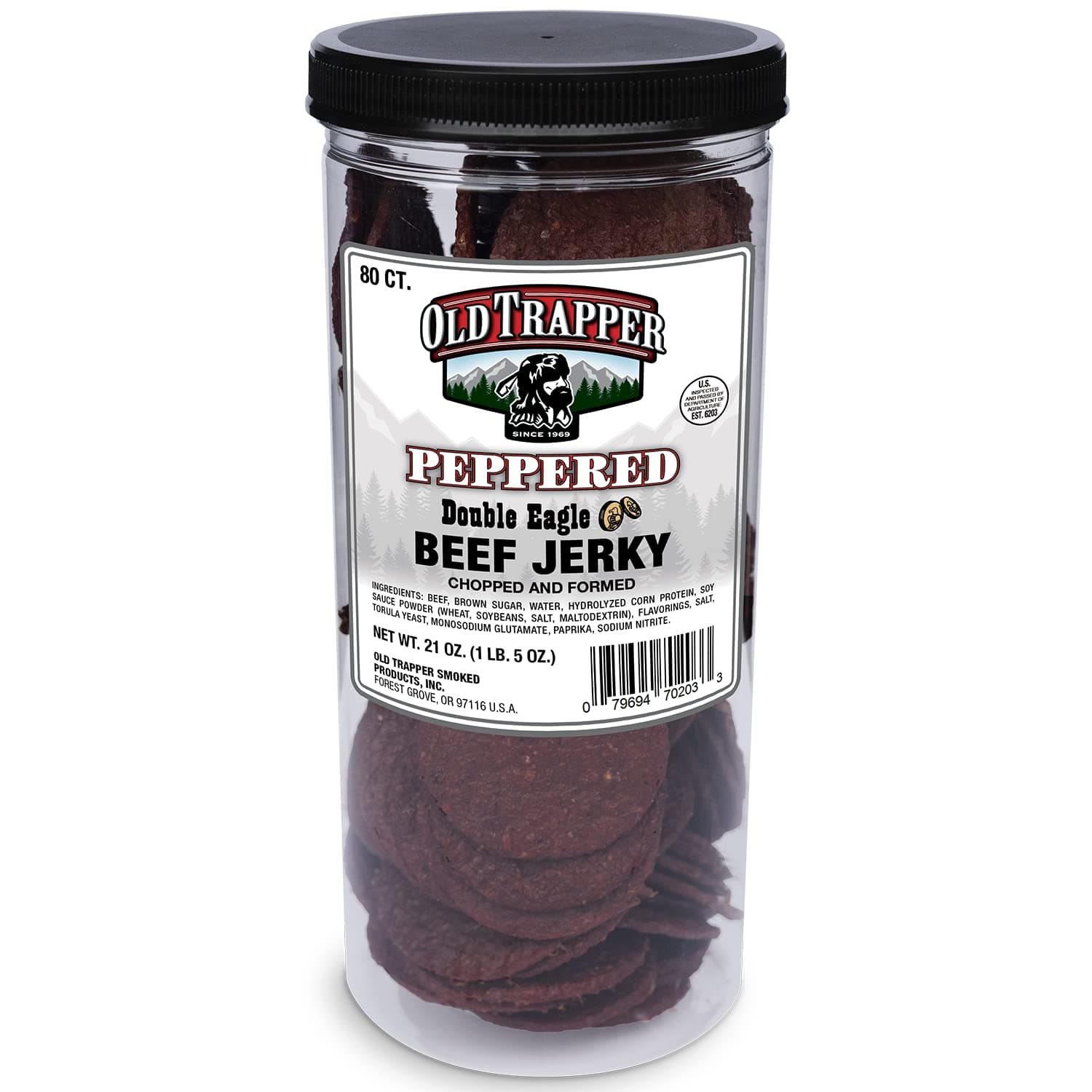 Old Trapper Peppered Double Eagle Beef Jerky | Real Wood Smoked | 10g of Protein | 1 Jar (80 Pieces)