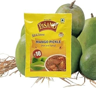 Pasand Mango Pickle – 30g × 10 Pouches | Hot & Spicy Aam Ka Aachar | Traditional Indian Recipe | Mustard Oil & Whole Spices | Single-Serve Travel Sachets | 100% Vegetarian | Authentic Homemade Taste