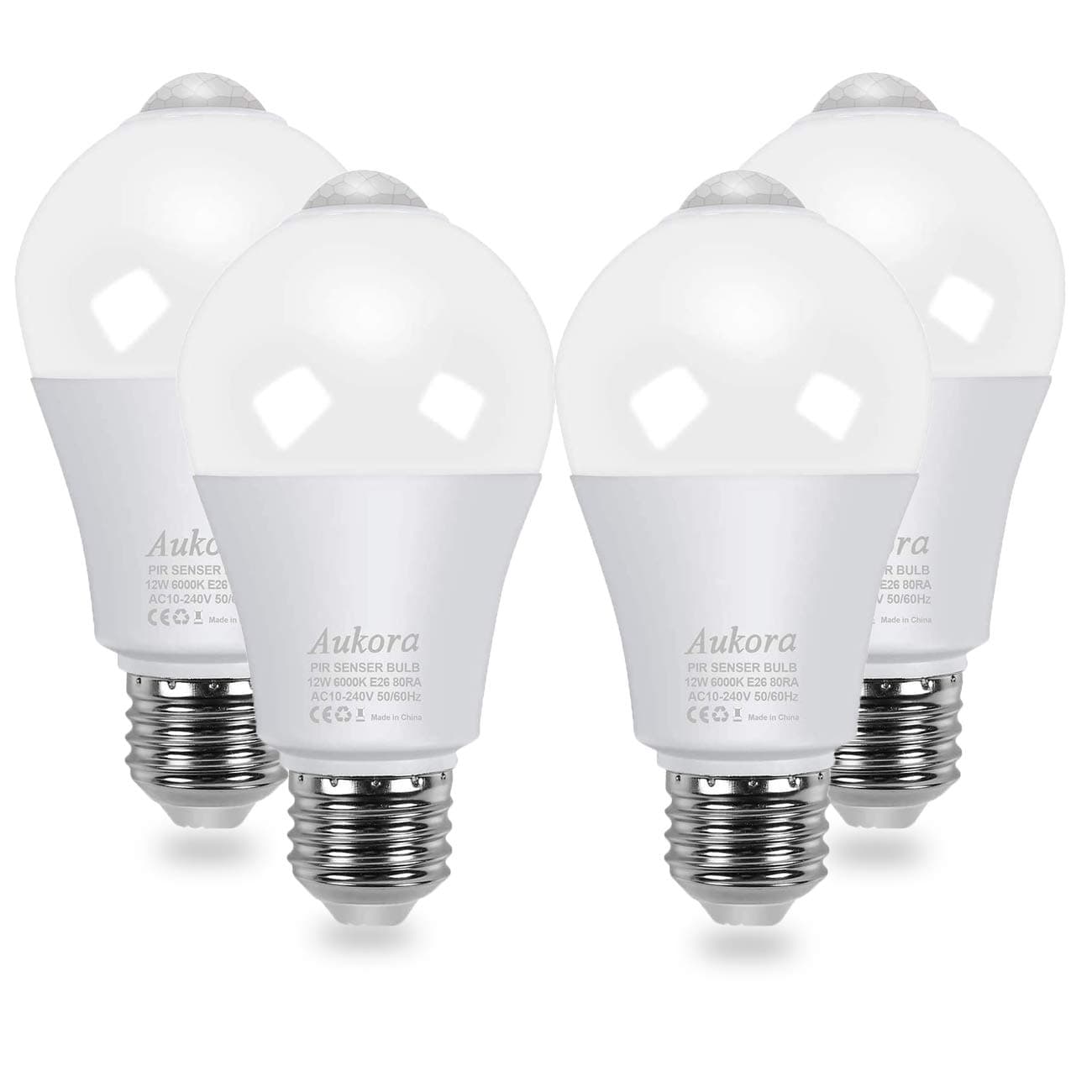 AukoraMotion Sensor Light Bulbs 4-Pack, 12W (100-Watt Equivalent) E26 Motion Activated Dusk to Dawn Security Light Bulb Outdoor/Indoor for Front Door Porch Garage Basement Hallway Closet(Cold White)