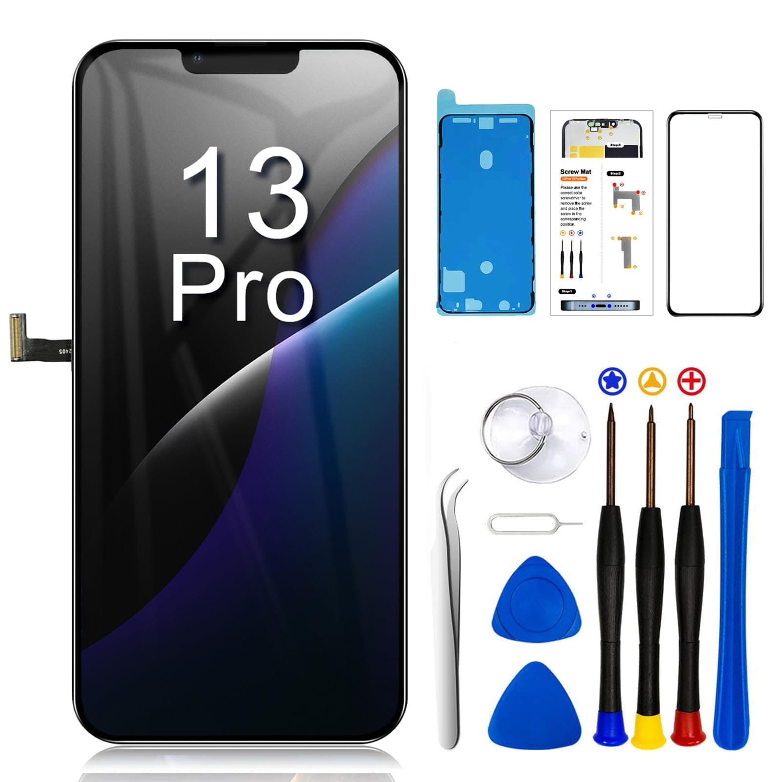 for iPhone 13 Pro Screen Replacement Kit 6.1 inch, COF Full HD LCD Display 3D Touch Screen Digitizer Full Assembly + Repair Tools + Screen Protector, Compatibility A2638 A2483 A2636 A2639 A2640