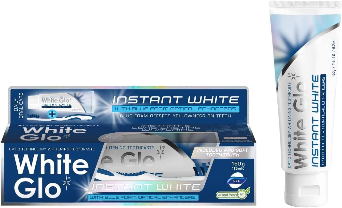 2 x White Glo Instant White Optic Technology Whitening Toothpaste + Toothbrush