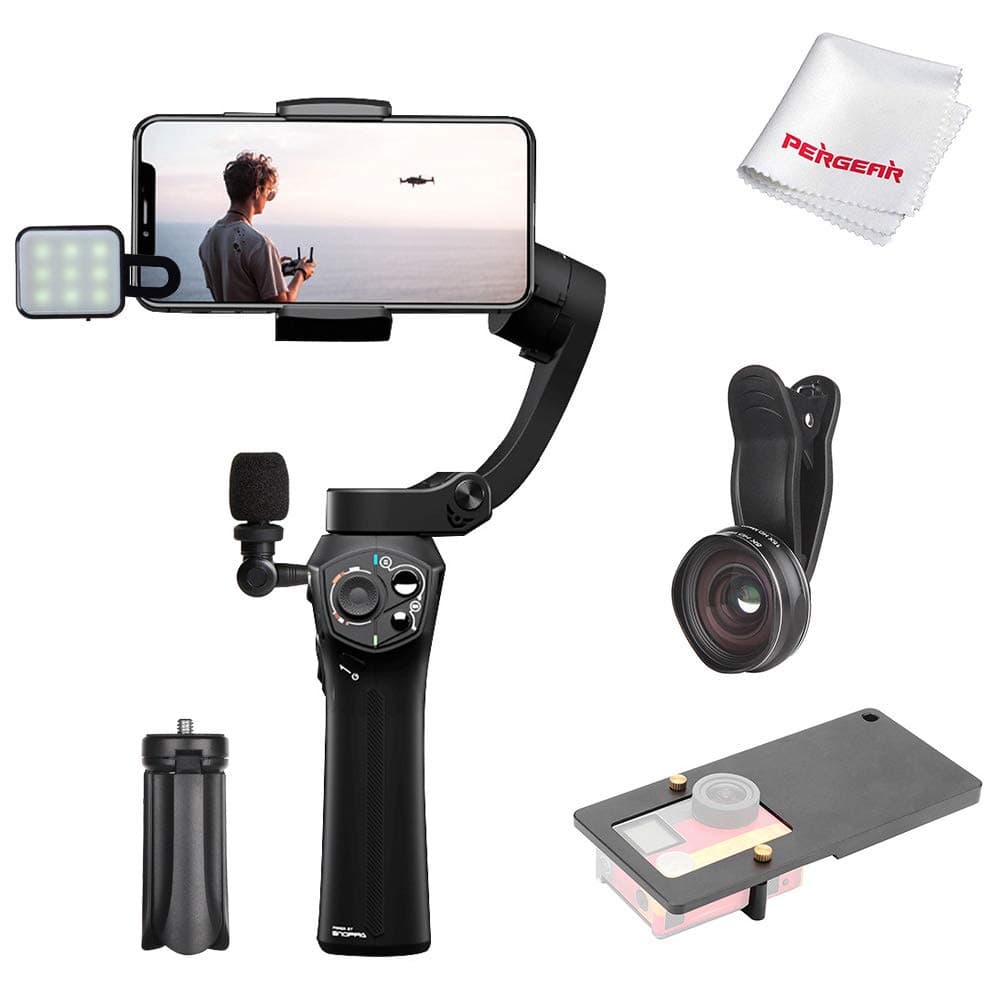 Atom 3 Axis Foldable Gimbal for Smartphone & GoPro Hero 4 5 6, Wireless Charging, Built-in Mic Jack, One-Key Switch V/H Orientation, 310g Payload, with Rich Accessory & Pergear Cloth, Black