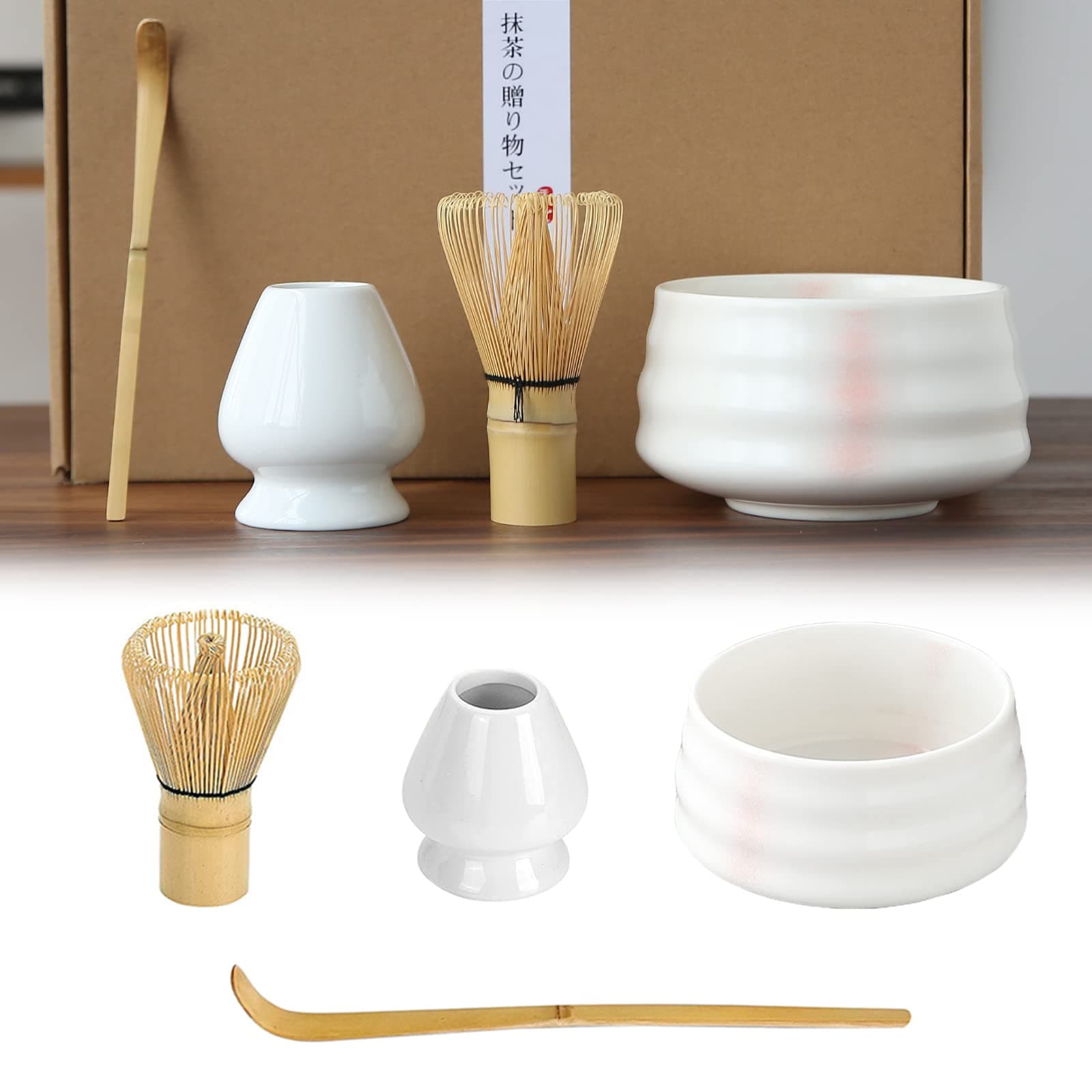 Matcha Tea Set, Matcha Ceremony Accessory - Pink Stripe Ceramic Bowl, Matcha Whisk, White Whisk Holder, Traditional Scoop, Perfect Set to Prepare a Traditional Cup of Matcha