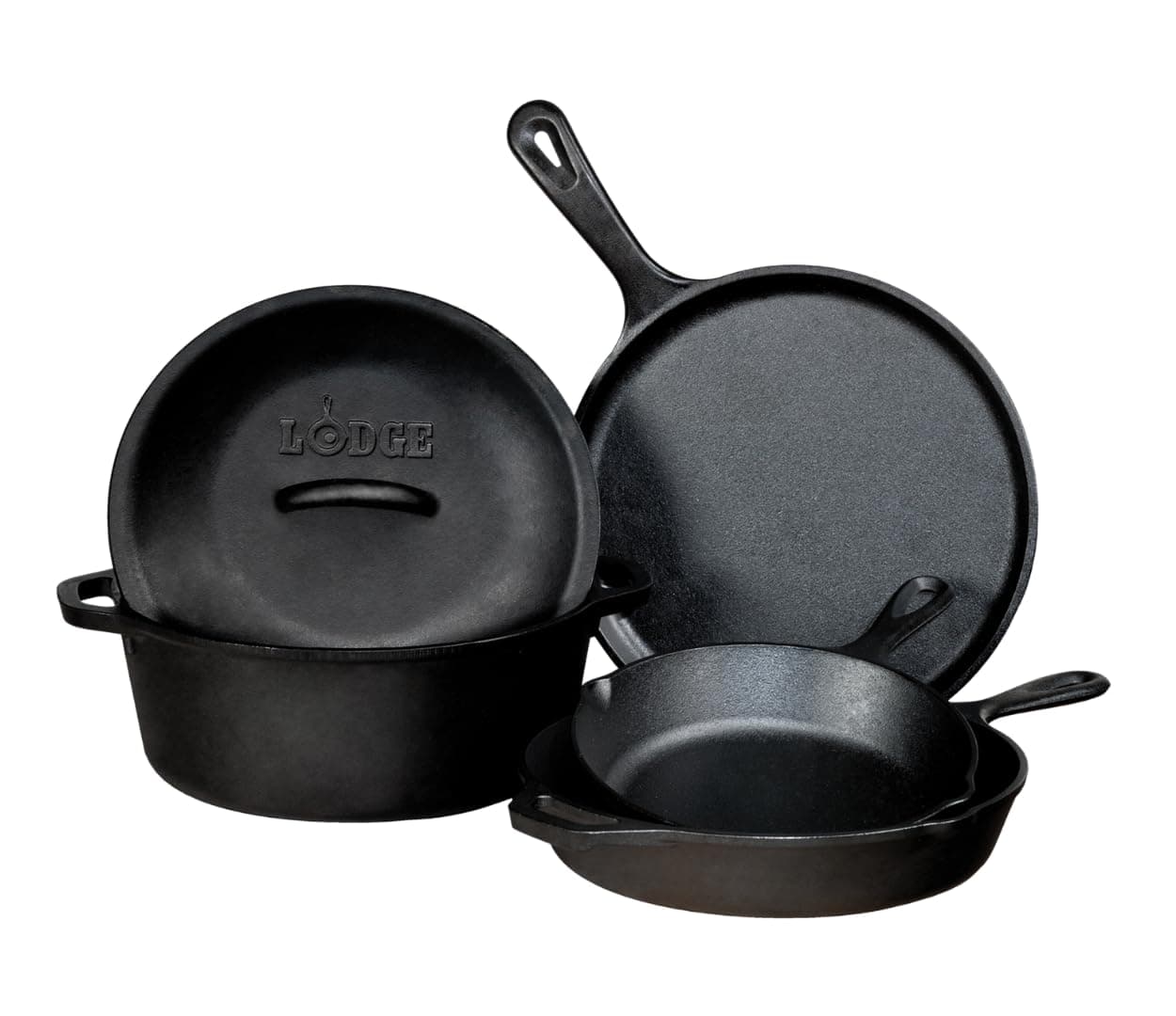 Lodge Cast Iron Set - Pre-Seasoned Kitchen Set - Skillets, Griddle & Dutch Oven Included - PFAS-Free Non-Toxic Cookware - 5-Piece Set