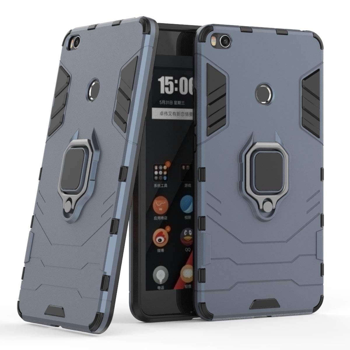 LuluMain Compatible with Xiaomi Mi Max 2 Case, Metal Ring Grip Kickstand Shockproof Hard Bumper Shell (Works with Magnetic Car Mount) Dual Layer Rugged Cover for Xiaomi Mi Max2 (Navy Blue)