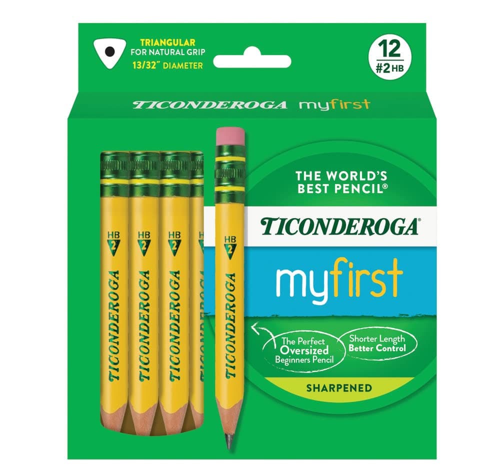 Ticonderoga My First Triangular Short Pencils with Wooden Case, 2 Soft HB, with Erasers, Yellow (Pack of 12)