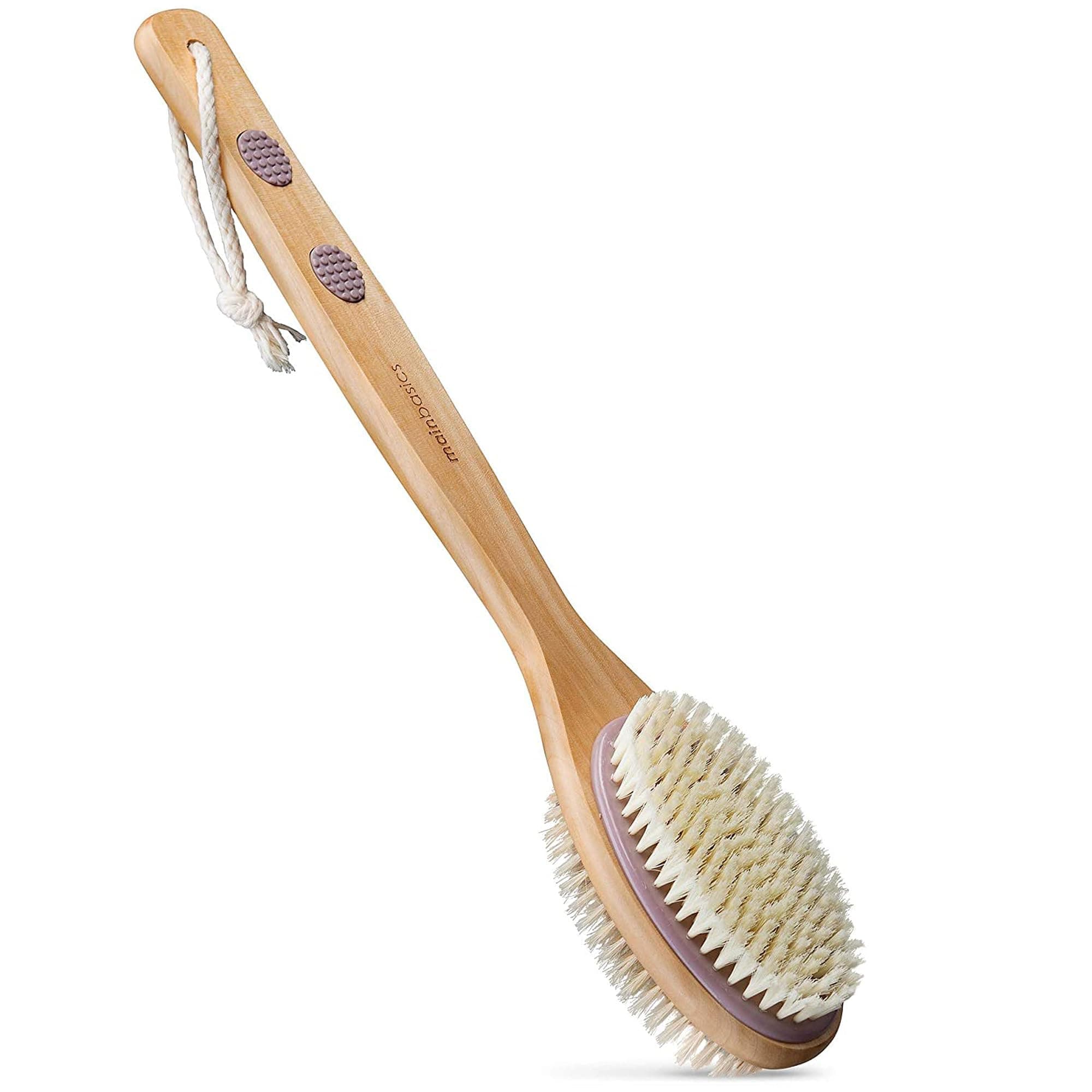 MainBasics Back Scrubber Shower Brush Long Handle Dual Sided Body Brush with Exfoliating Soft Bristles for Back Scrubbing Deep Cleaning and Body Wash (Lavender)