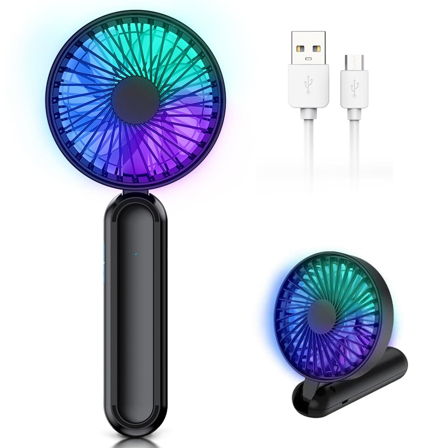 VersionTECH. Portable HandHeld Fan, RGB Light, 5 Speed, 180° Foldable, USB Personal Hand Table Accessories with Rechargeable Battery Operated for Travel Office