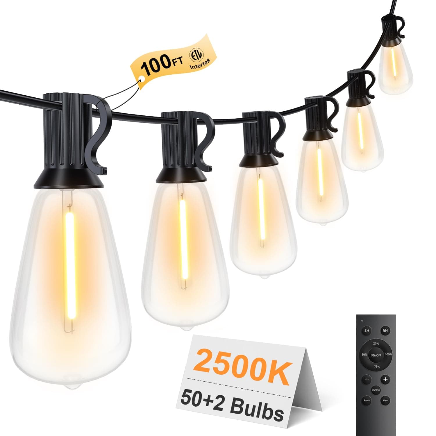 - 100FT Remote Outdoor String Lights for Outside, 50+2 LED Waterproof Shatterproof Edison Dimmable Timer Bulbs, 2500K Warm White Patio Lights for Garden Backyard Yard Hanging Lighting
