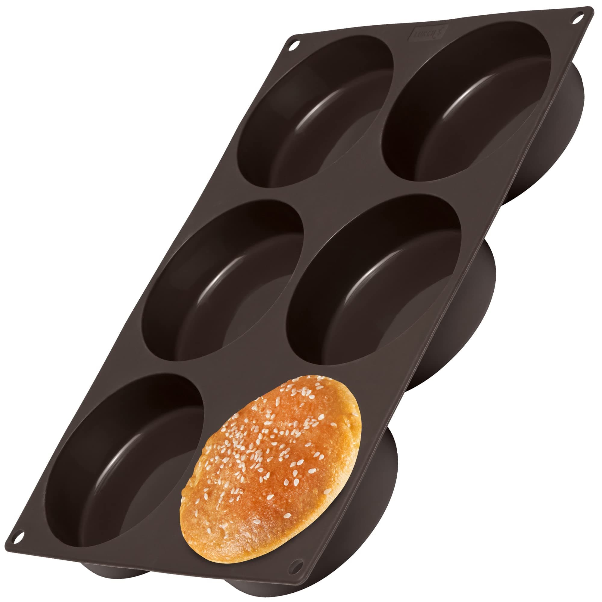 Germany Flexiform Non Stick Silicone Hamburger Bun Baking Pan | Perfect Mold For Little Cakes Or Bread | 6 Cavities For Burger Buns - Brown (Ø 3" Buns)