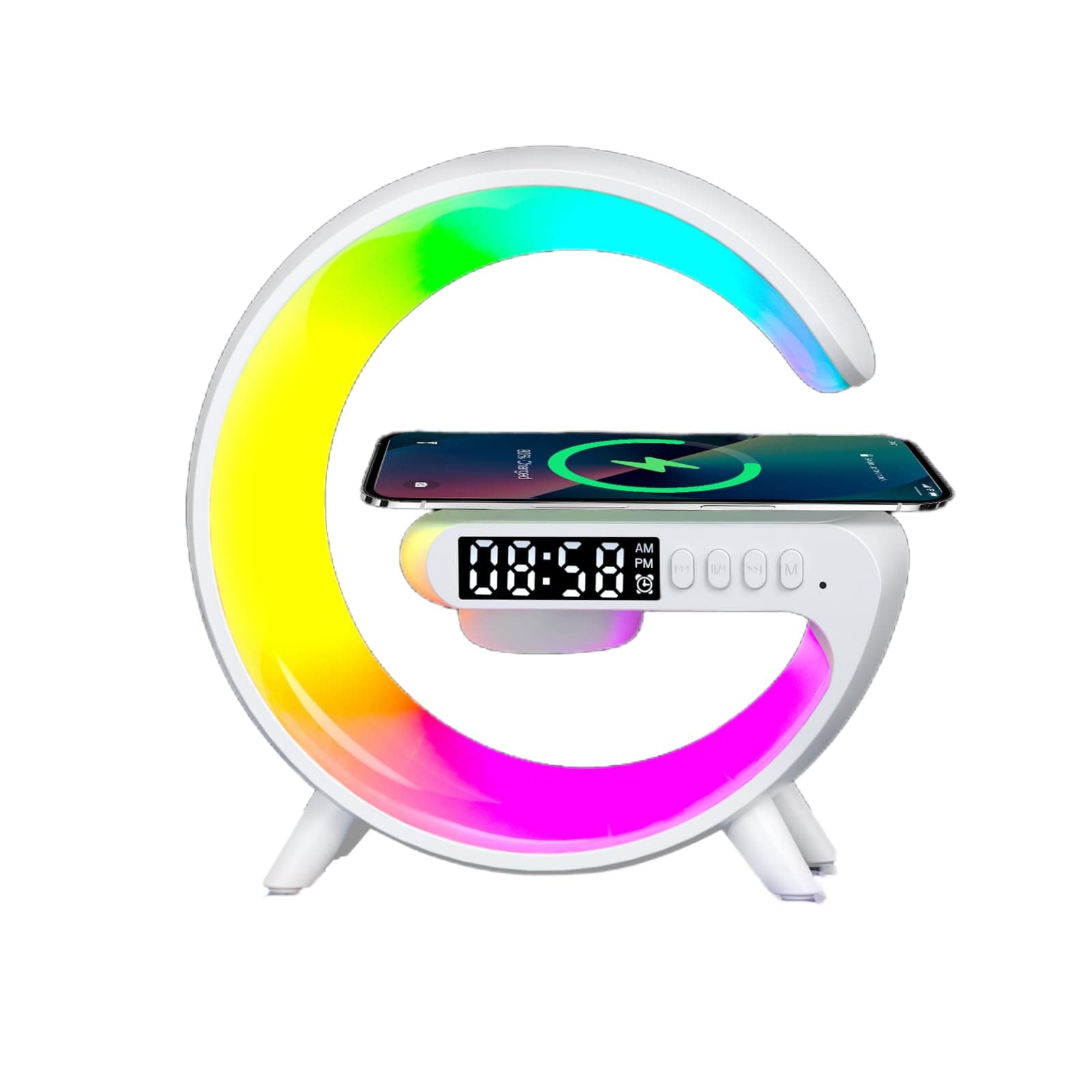 LED Wireless Charger Night Light Lamp, Bluetooth Speaker Alarm Clock, Atmosphere Lamp for Bedside Dorm Office, Kids Adults Desk Table Lamp Gift