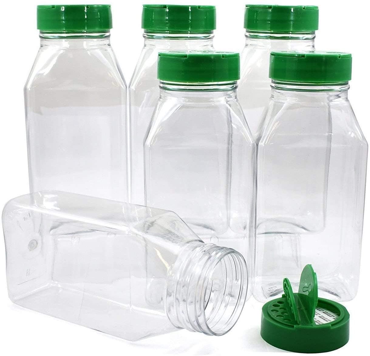 96 PACK - 14 Oz with Green Cap - Plastic Spice Jars Bottles Containers - Perfect for Storing Spice, Herbs and Powders - Lined Cap - Safe Plastic - PET - BPA free - Made in the USA