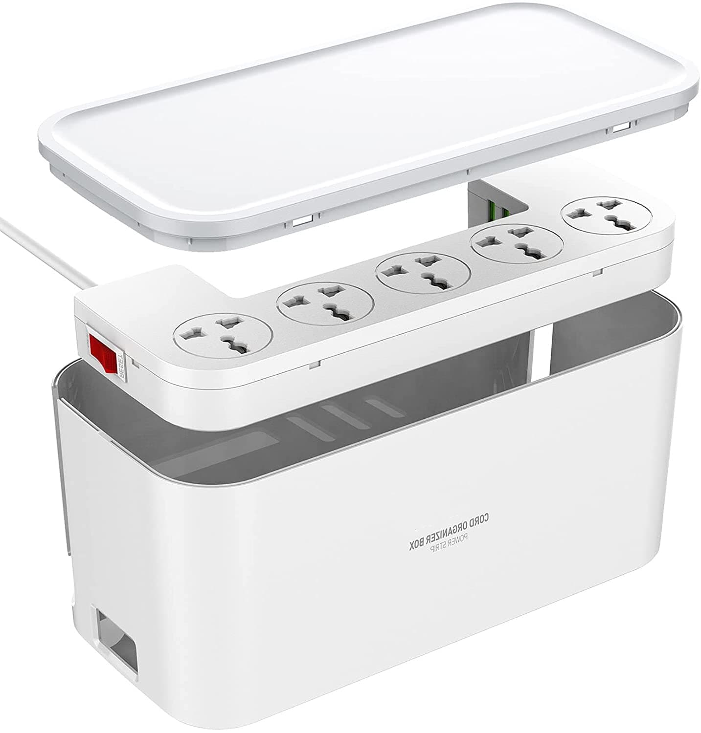 Power Strip 2-in-1 with Cable Management Box, 2M Power Extension Cord with 5 Universal Outlets 3 USB, Premium Organizer Box for Stylish Desktop, Child & Pet Protection