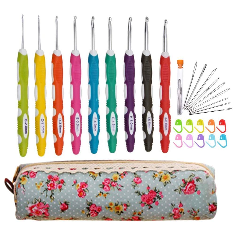 Ergonomic Crochet Hooks with Long Comfortable Handle, 30pcs Crochet Hooks Set with Case & Accessories
