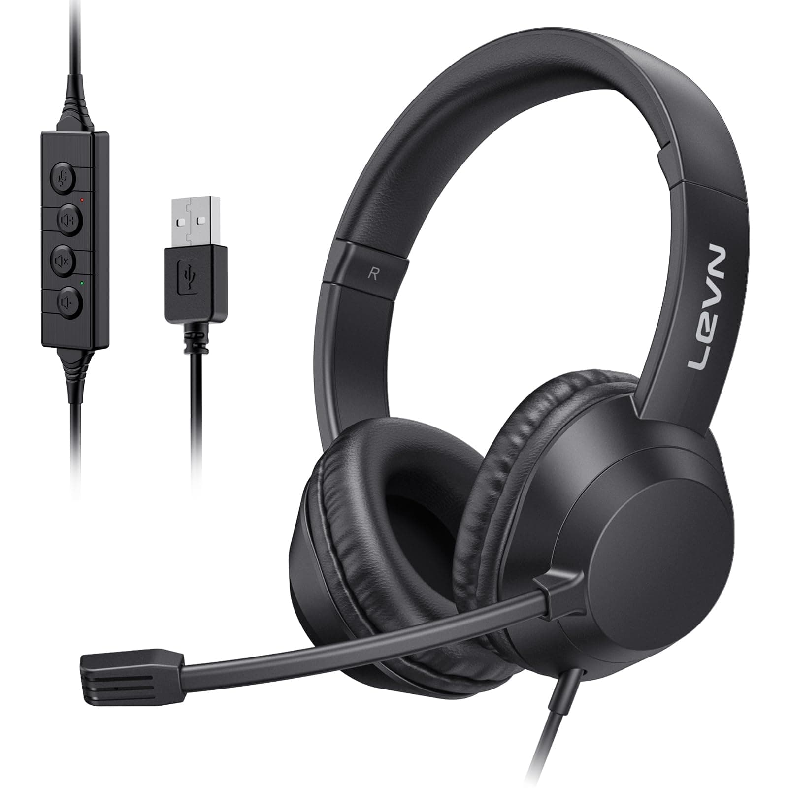 LEVN Headset with Mic, USB Headset with Microphone, Computer Headset with Noise Cancelling Microphone for Laptop PC, Mute in-line Controls, Wired Headset for Work from Home/Open Office/Call Center