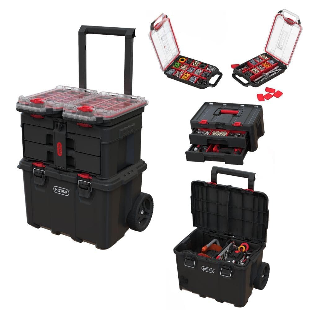 Keter Stack-n-Roll Modular Tools Organizer for Garage Storage and DIY, 4 Piece Resin Rolling Tool Box System for Small Parts, Black