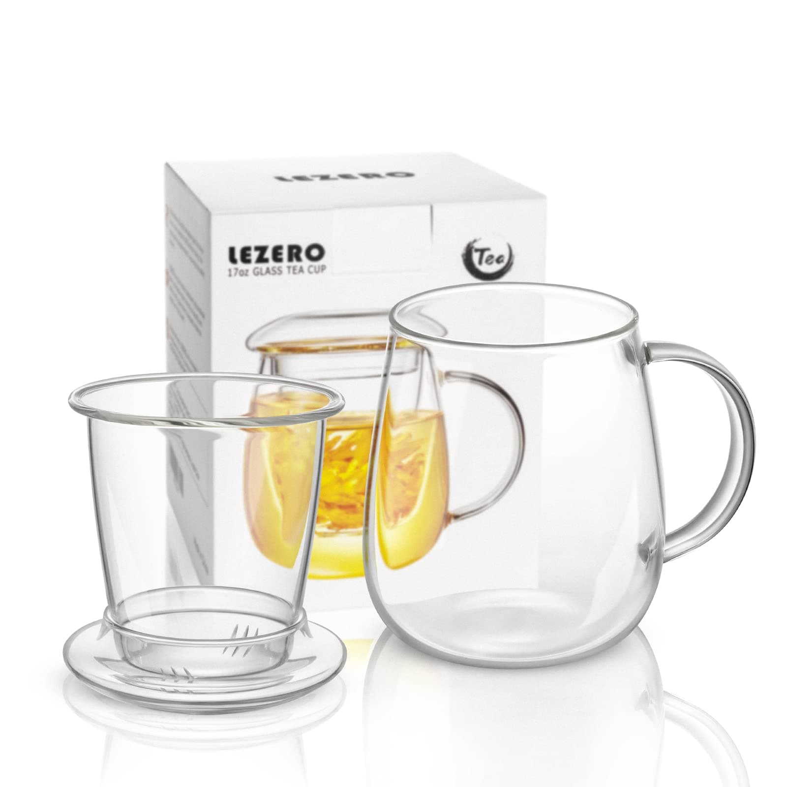 Glass Tea Cup with Strainer and Lid Gift Kit, Borosilicate Infuser Mugs with Filter for Blooming & Loose Leaf Tea, Heat Resistance, Lead-free, Microwave & Dishwasher Safe, 17oz