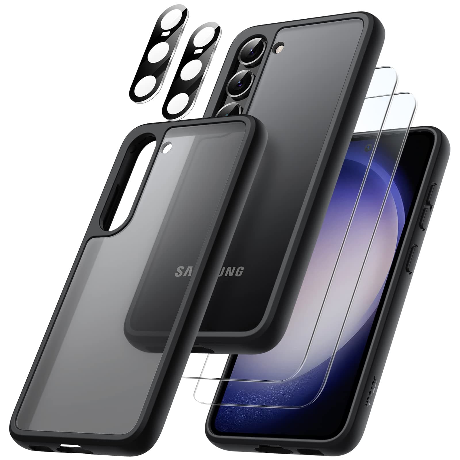 JETech 5 in 1 Matte Case for Samsung Galaxy S23 5G 6.1-Inch with 2 Screen Protector and 2 Camera Lens Protector, Translucent Back Protective Phone Cover, Tempered Glass Film (Black)