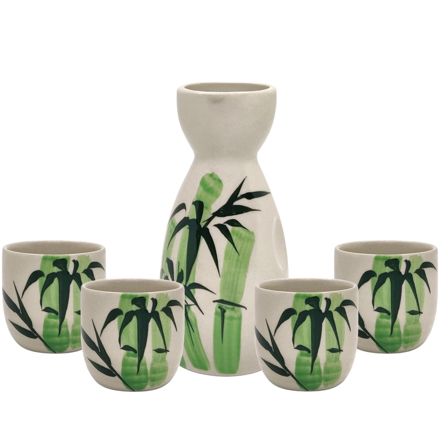 5 Pcs Sake Set 200ml Sake Bottle and 50ml Sake Cup Set Traditional Japanese Hand Painted Design Porcelain Pottery Ceramic Cups Crafts Wine Glasses (Bamboo)