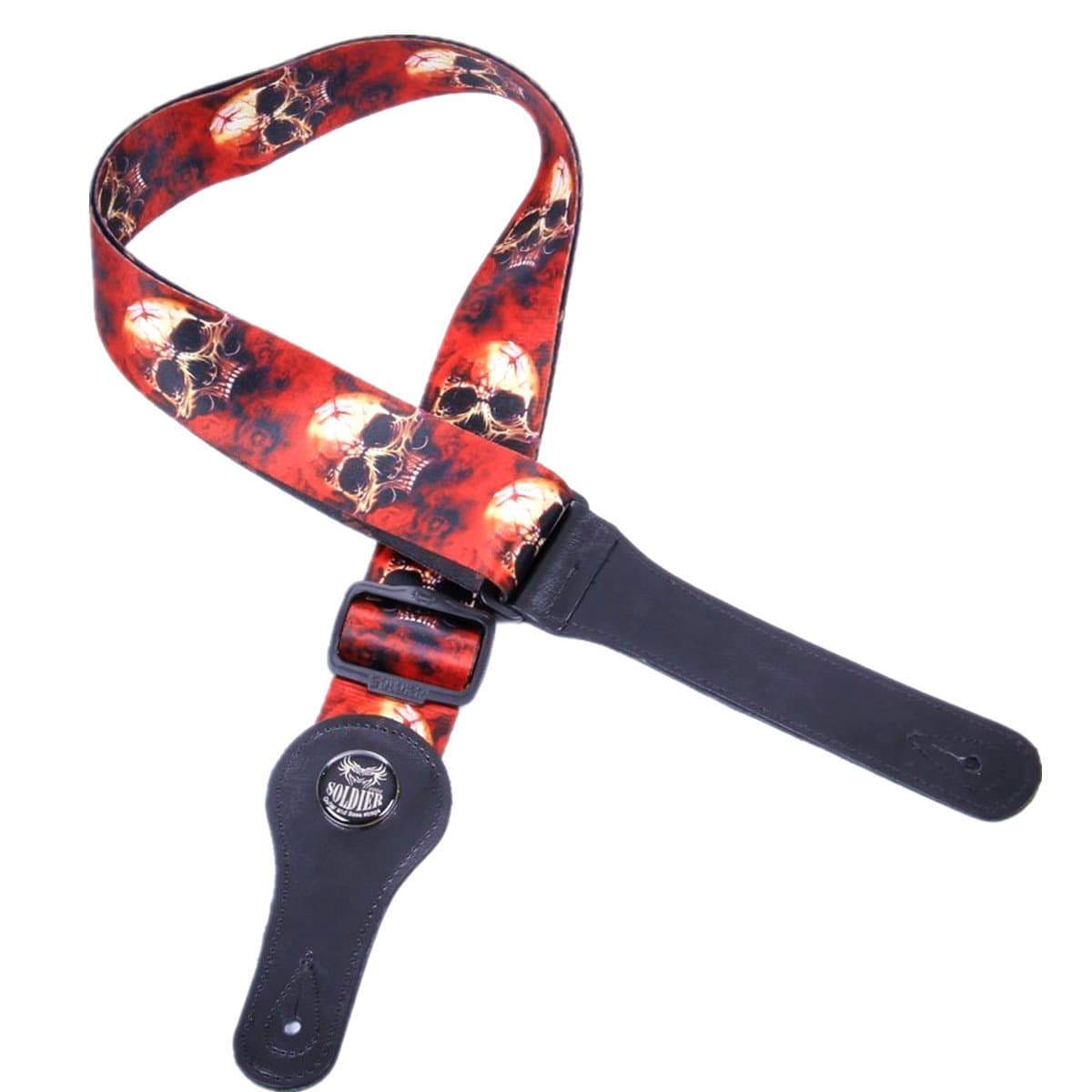 Soldier Guitar Strap with Leather Ends Adjustable Polyester Sling for Bass, Electric & Acoustic Guitars Unique Red Skull Pattern