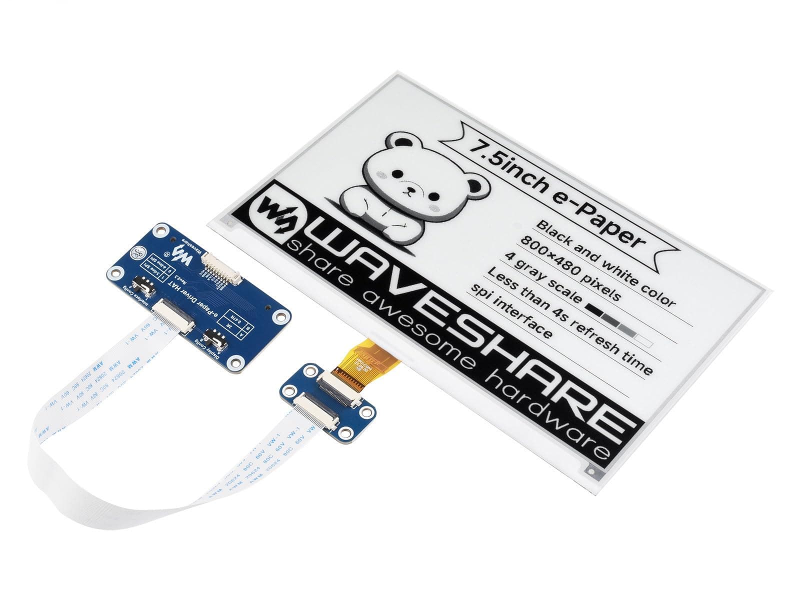 7.5inch E-Ink Display HAT Compatible with Raspberry Pi 5/4B/3B/Zero/Zero W/Zero 2W/Pico/Pico W/Pico WH, 800×480 Resolution SPI Interface