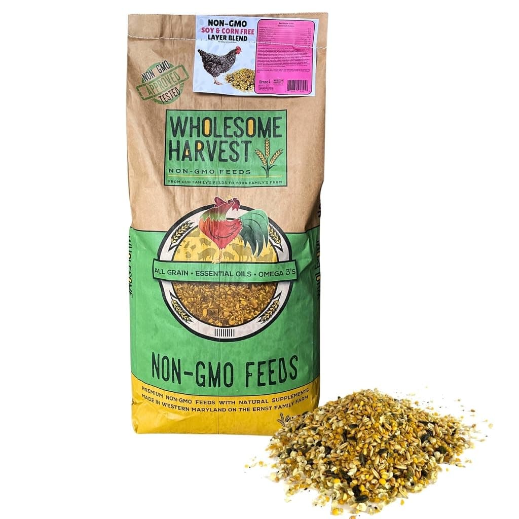 Non-GMO Soy and Corn Free Whole Grain Layer Blend 16% - Chicken Feed for Laying Hens and Ducks - Includes Essential Oils, Herbs, Oyster Shells, Vital Minerals, and Omega 3, 40lb