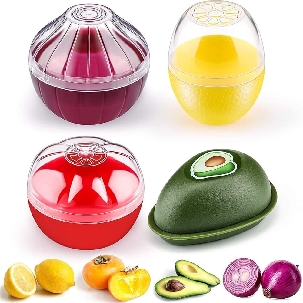 ELECDON 4 Pieces Silicone Fruit and Vegetable Shaped Savers, Storage Containers for Fridge, Avocado Lemon Tomato and Onion Keeper, BPA Free Food Saver, Holder, Refrigerator Vegetable Crisper
