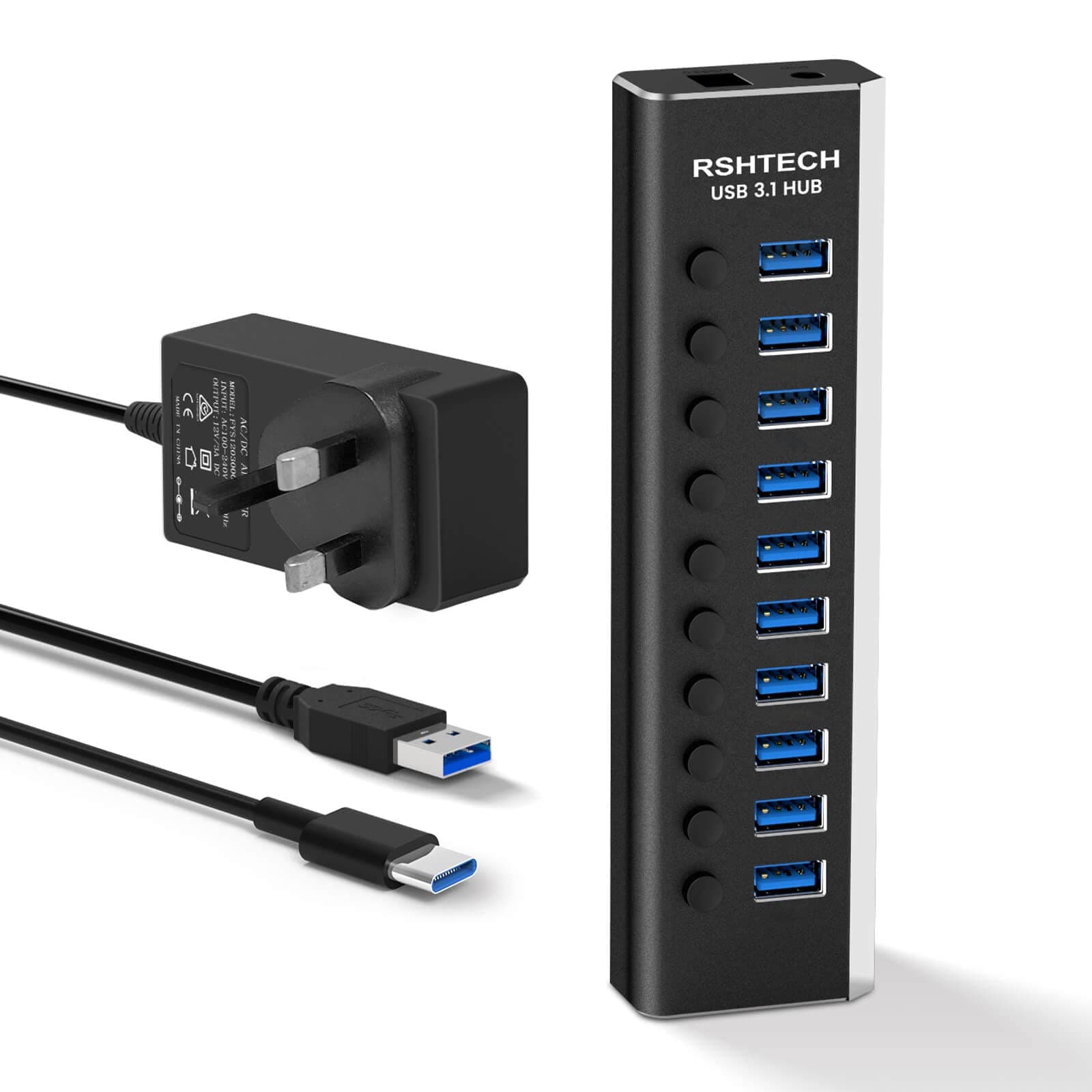 RSHTECH Powered USB 3.1 Hub 10-port USB 3.1/3.2 Gen 2 Hub (10Gbps) Aluminum 36W USB Extension Hub with 12V/3A Power Supply, USB-C Cable and USB-A Cable (RSH-A10S)