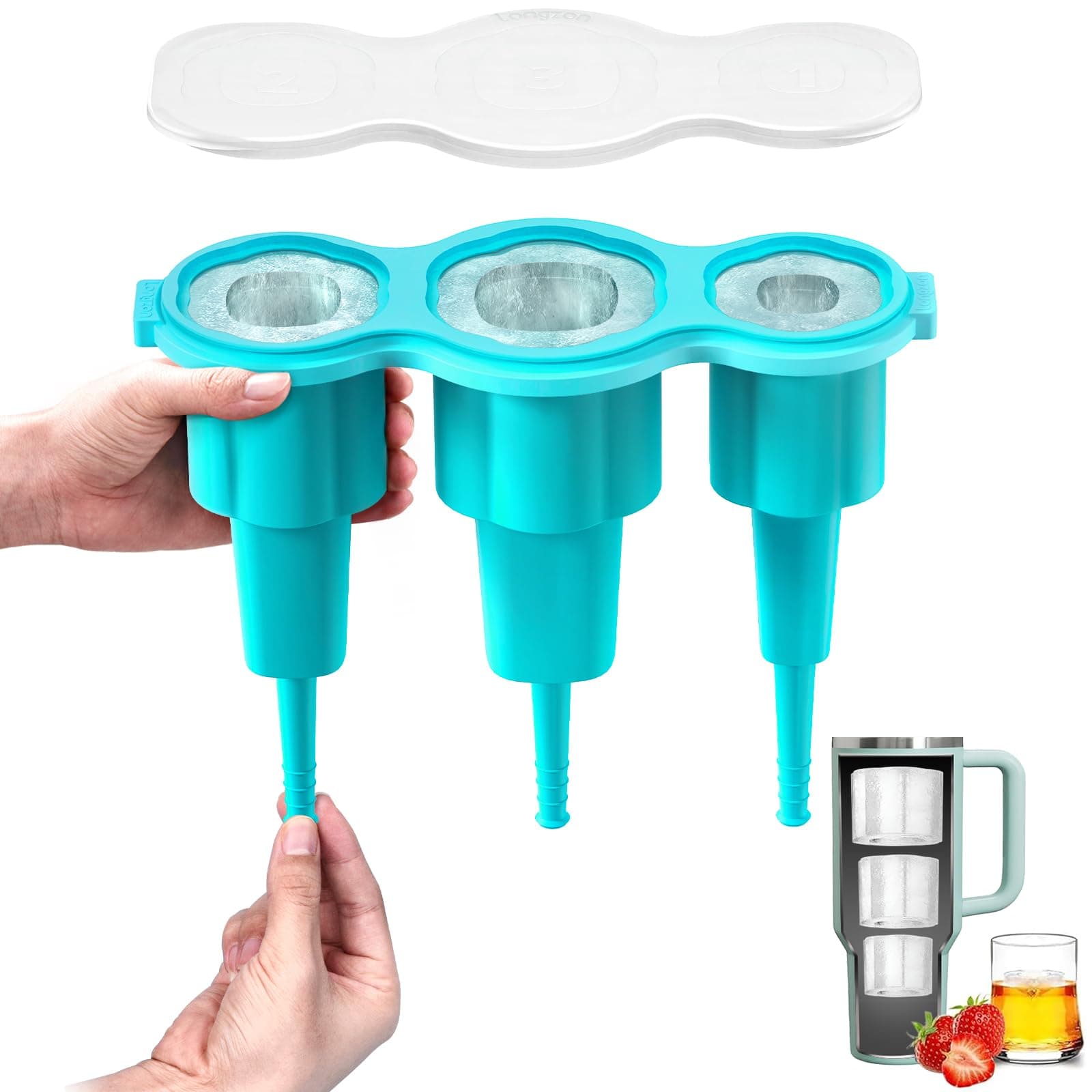 Longzon Easiest Release Ice Cube Tray for Stanley Cup 30-40oz Tumbler/Yeti Cup Ice Mold, Silicone Ice Tray Molds With Lid for Chilling Cocktails, Whiskey, Drinks, Coffee, Easy Release Ice Maker -Blue