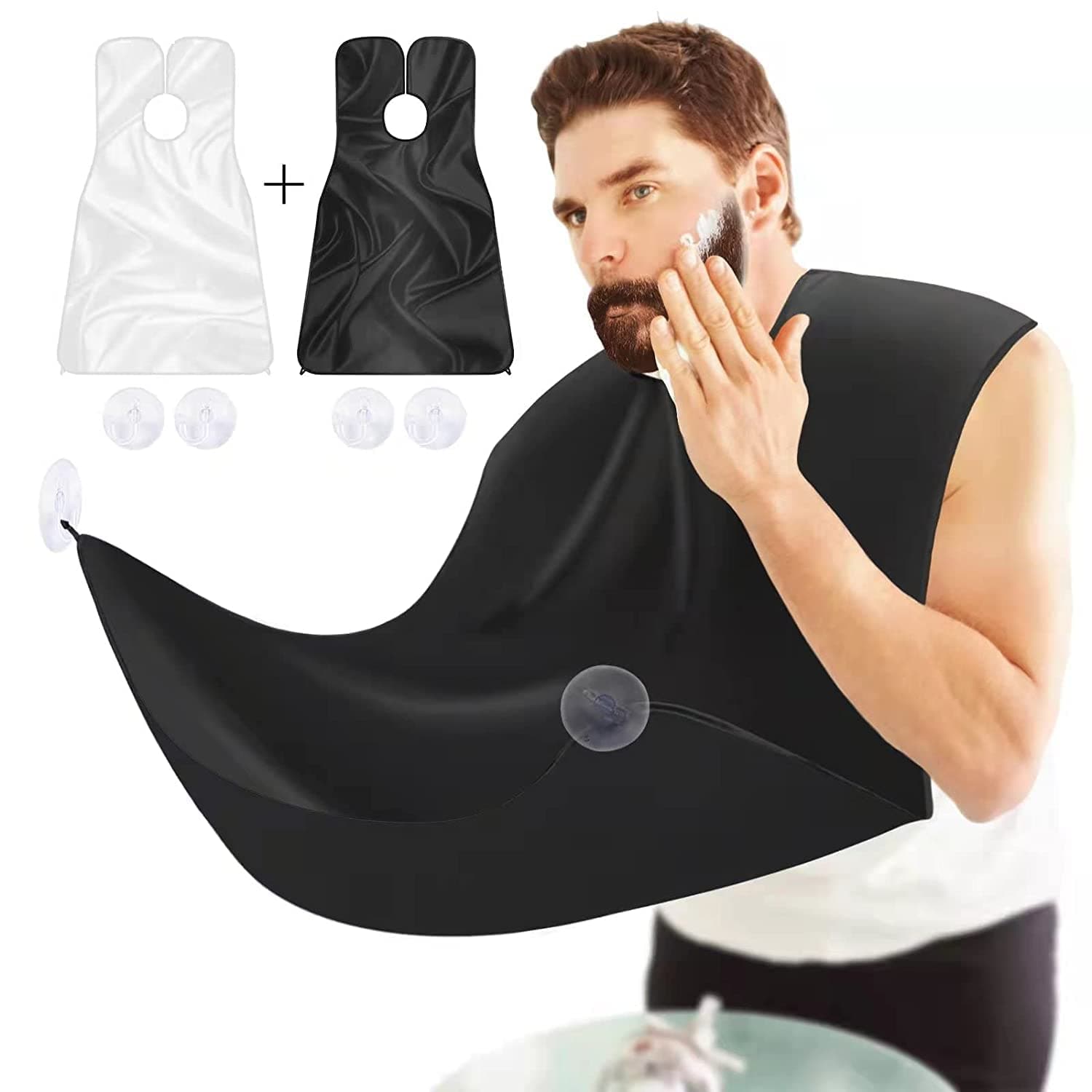 HISMART 2 Pcs Beard Bib, Bead Bib for Shaving, Beard Apron, Waterproof Shaving Cloth Kit Non-Stick Beard Cape, Beard Trimming Bib with Strong Suction Cup, A Gift for All Men (White & Black)