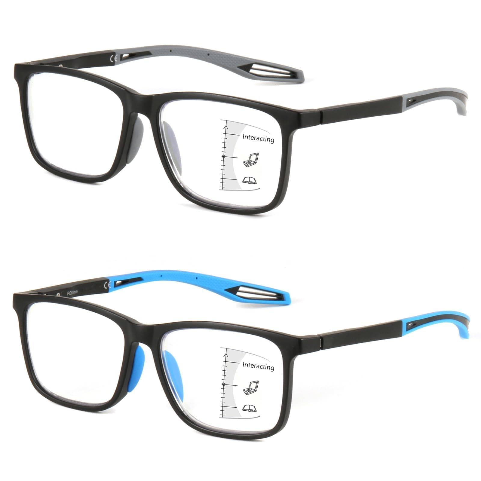 Missfive 2 Pack Bend-Proof Multifocus Progressive Reading Glasses Men, Upgraded TR90 Sporty Frame & Metal Spring Hinge