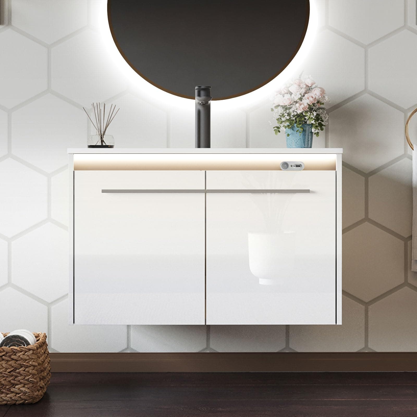 31" LED Floating Bathroom Vanity with Sink, High Gloss Single Sink Wall Mounted Bathroom Storage Vanity Cabinet with Metal Handles, White