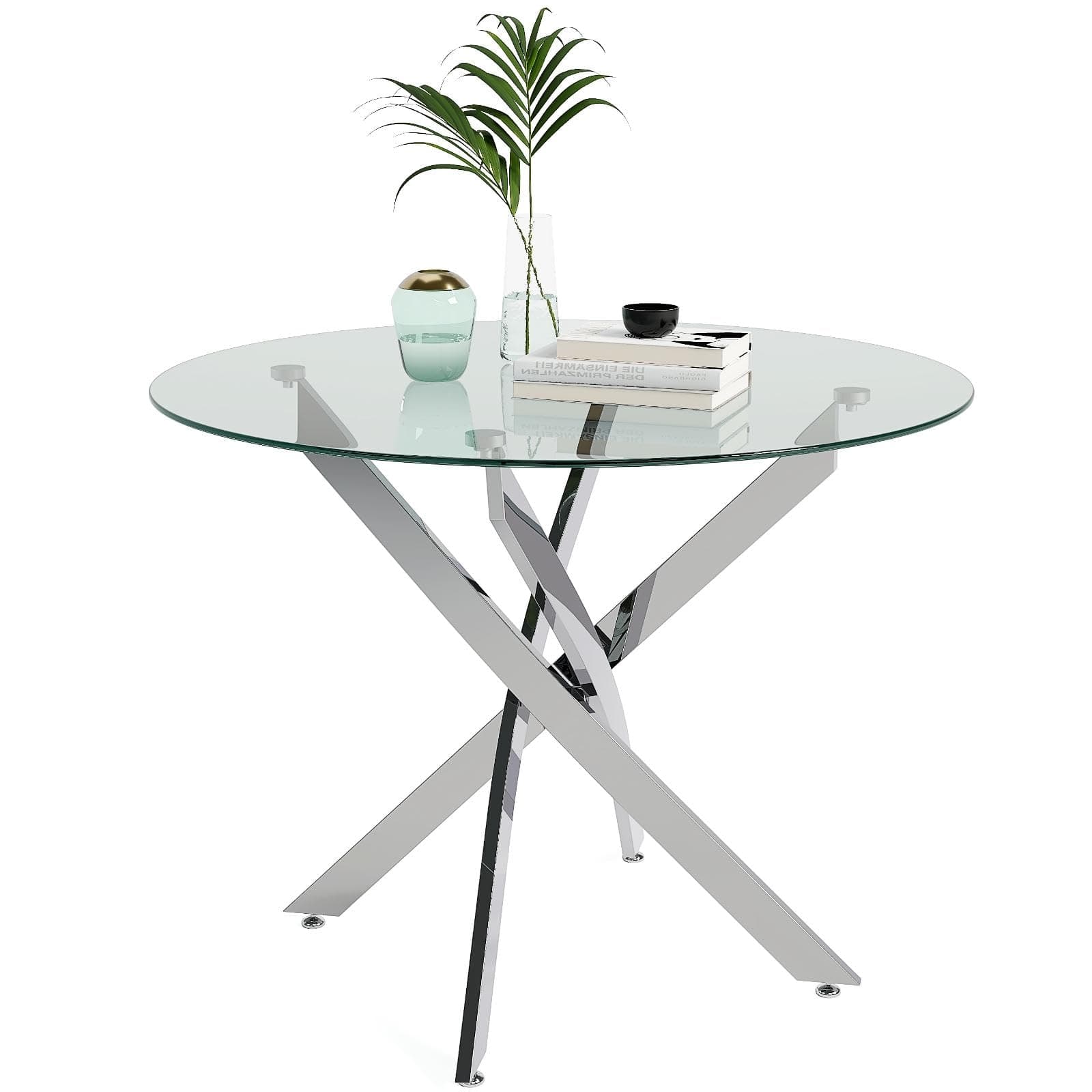 GOLDFAN Round Glass Dining Table Modern Kitchen Table with Chromed Legs for Dining Room (Tempered Glass Table Only)