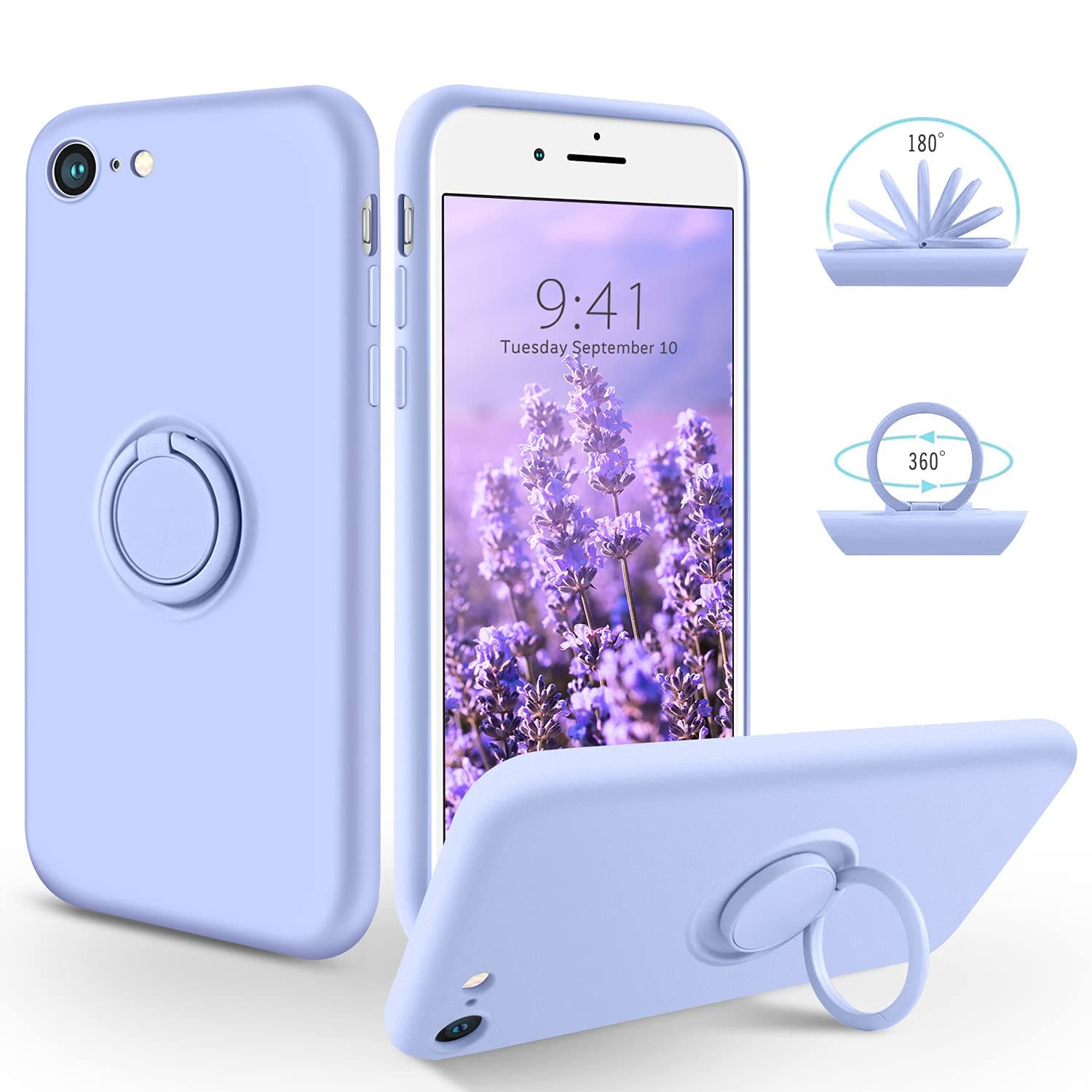 SouliGo iPhone SE 2022 Case, iPhone SE 2020 Case, iPhone 8 Case, iPhone 7 Case, Slim Silicone Soft Rubber Shockproof Protective 360° Ring Kickstand Protection Girls Women Phone Cover, Purple/Lavender