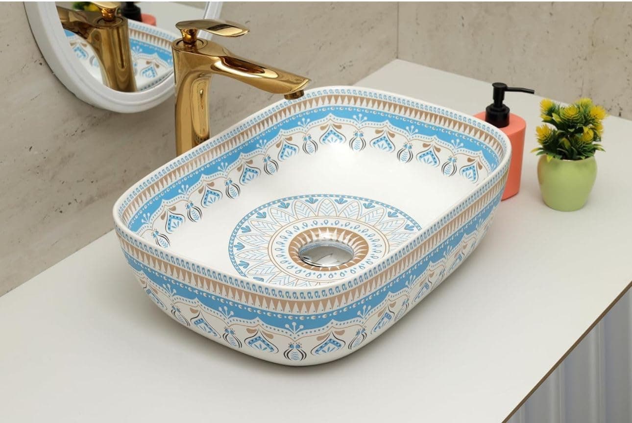 CLUSTER Designer Table Top Wash Basin For Bathroom | Ceramic Bathroom Sink | Over Counter Moroccan Design Wash Basin for Hotel, Resturent (18 x 13 x 5.5 Inch) (Moroccan Design 1)