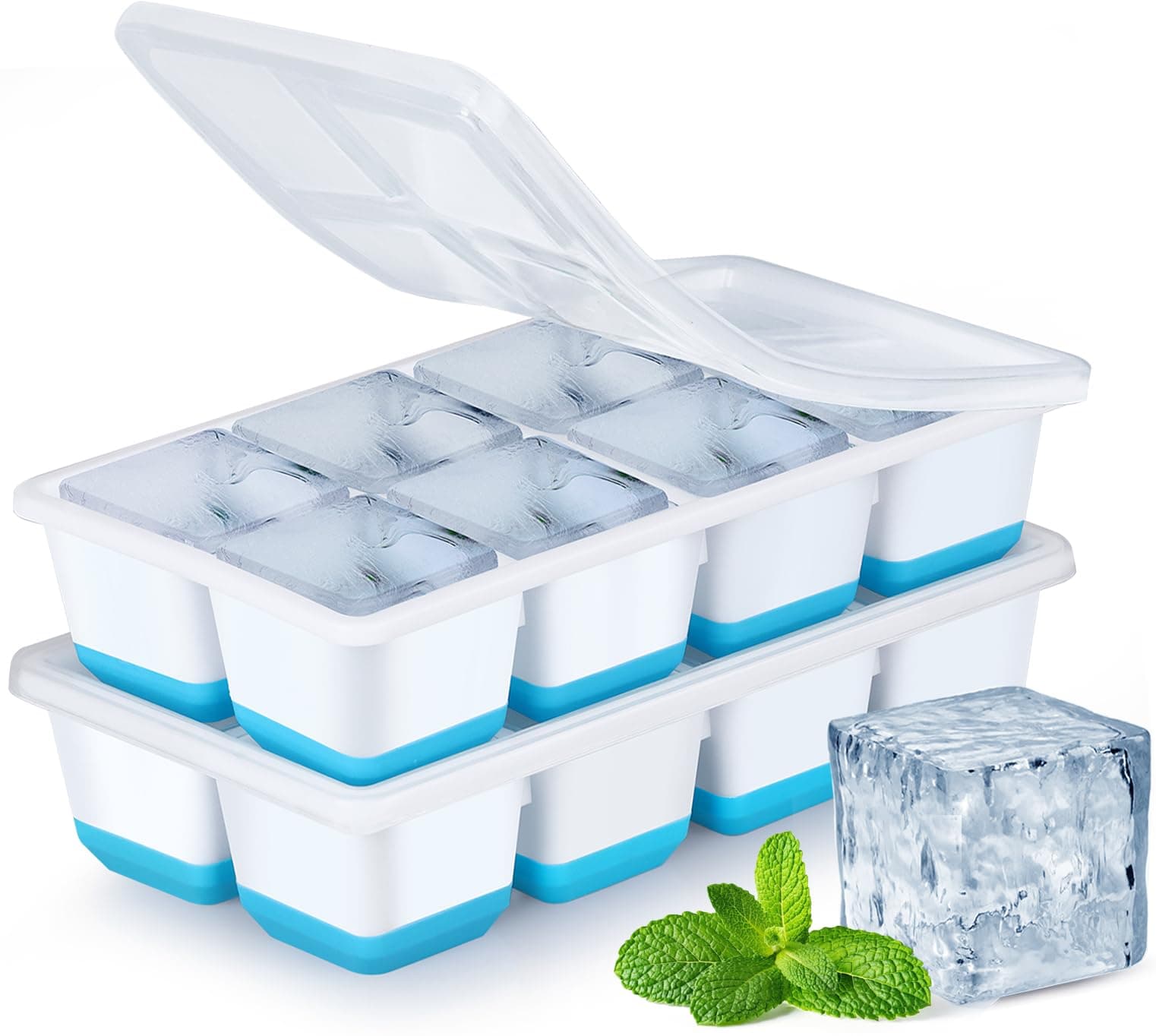 Large Ice Cube Trays with Lid, Jrisbo 2 Pack Stackable Silicone Ice Cube Molds for Freezer, Easy Release 16 Big Square Ice Trays for Whisky Cocktails (Blue)