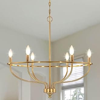 Gold Chandelier for Dining Room, 28.5 Inch Diameter Modern Farmhouse Candle Chandelier Light Fixture Over Table, 6-Light Brass Chandelier Lighting for Kitchen, Bedroom, Living Room (E12 Base)