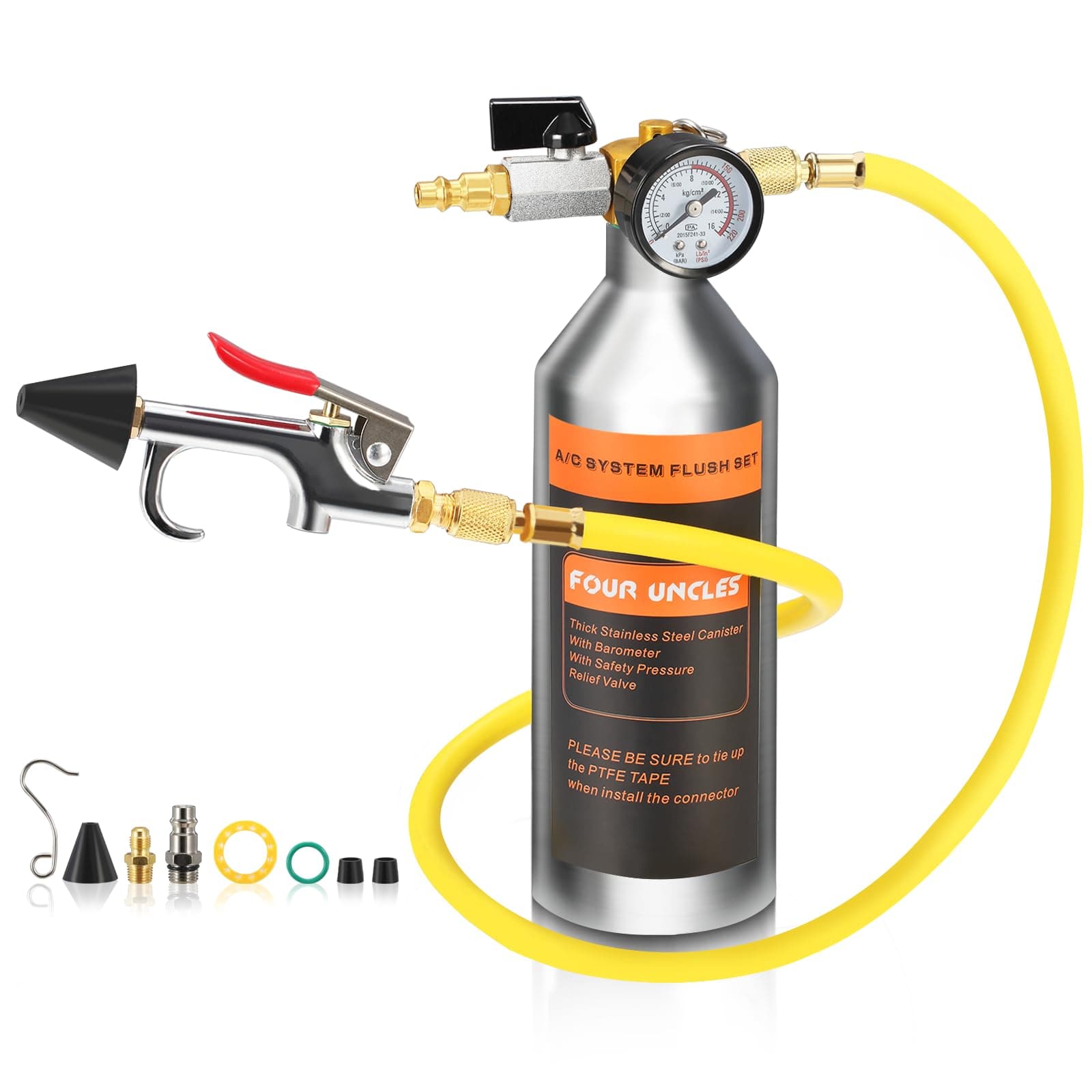 FOUR UNCLES AC Flush Kit,A/C Air Conditioner System Flush Canister Kit Clean Tool Set R134a R12 R22 R410a R404a for Auto Car with 3.5 ft Hose American Interface