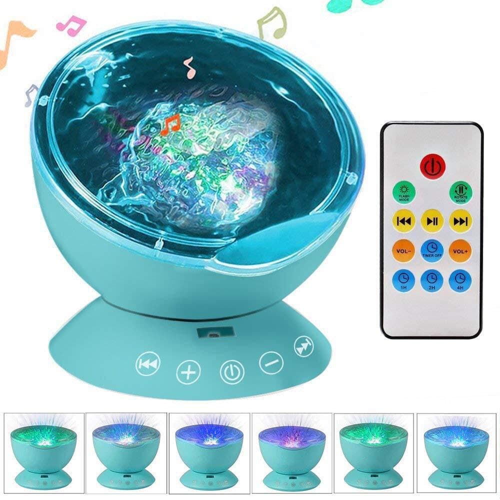 Multicolor Ocean Wave Night Light Projector and Music Player, 12 LED, Blue, RED, Green Changing, MP3 iPhone Speaker LED Lamp for Baby Kids Bedroom (Multicolor w/ Remote Control - Blue)