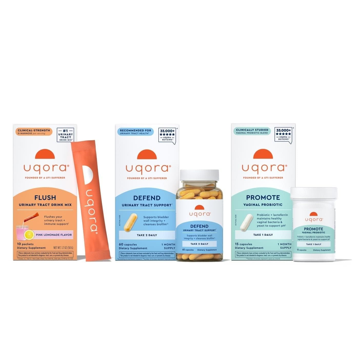 - Uqora Complete Regimen with Flush, Defend & Promote - Urinary Tract Support with D-Mannose, Vitamin C, Green Tea Extract, Probiotics & More - Comprehensive Bladder Health Support* - 3-Part Bundle