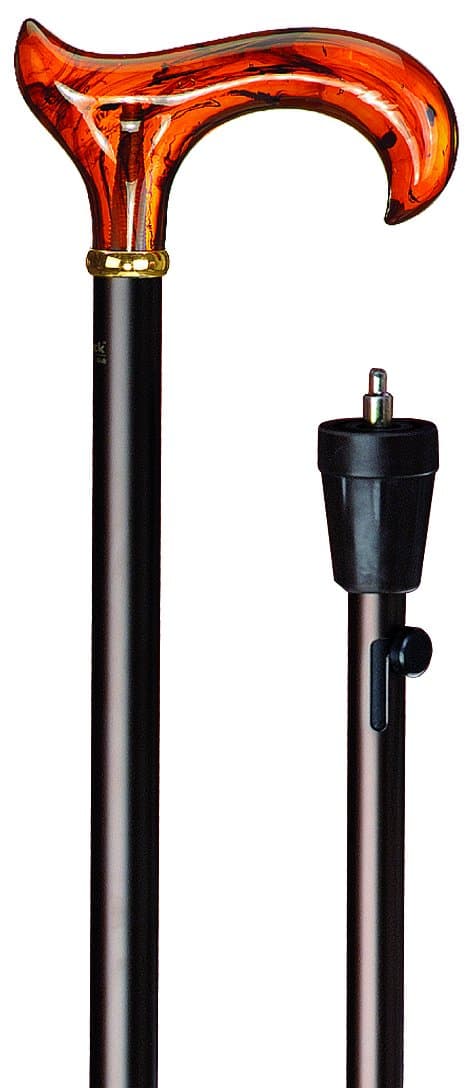 Walking Stick Spike-Plus-Bernstein with Ergonomic Derby Handle Made from Crystal Resin, Amber-coloured, Set on a Stick Made from Sturdy Light Metal with Decorative Brass Ring, Height Adjustable, Includes Special Buffer with Extendible Steel Spike