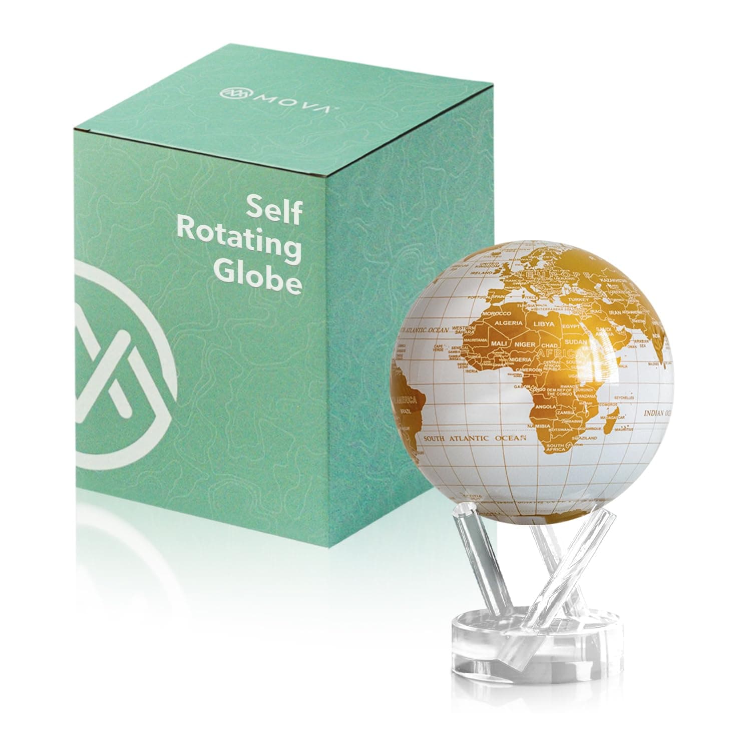 Globe White and Gold 4.5" with Base, Solar Powered Rotating Globe No Need of Battery or Chord, Unique Gift and Decoration