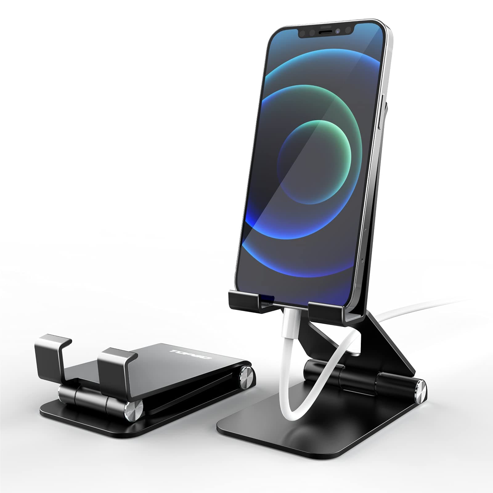 TOPGO Cell Phone Stand, [Stable & Height Adjustable] Foldable Cellphone Holder for Desk, Office Desktop, Bedside Table, Compatible with iPhone 14/Smartphones/iPad Mini (Black)